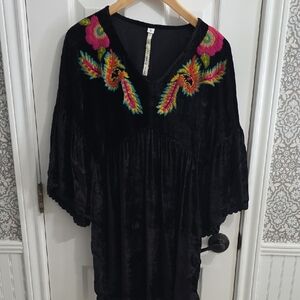 Uncle Frank Portrail Neckline Velvet Embroidered Black Tunic Mini Dress  Small